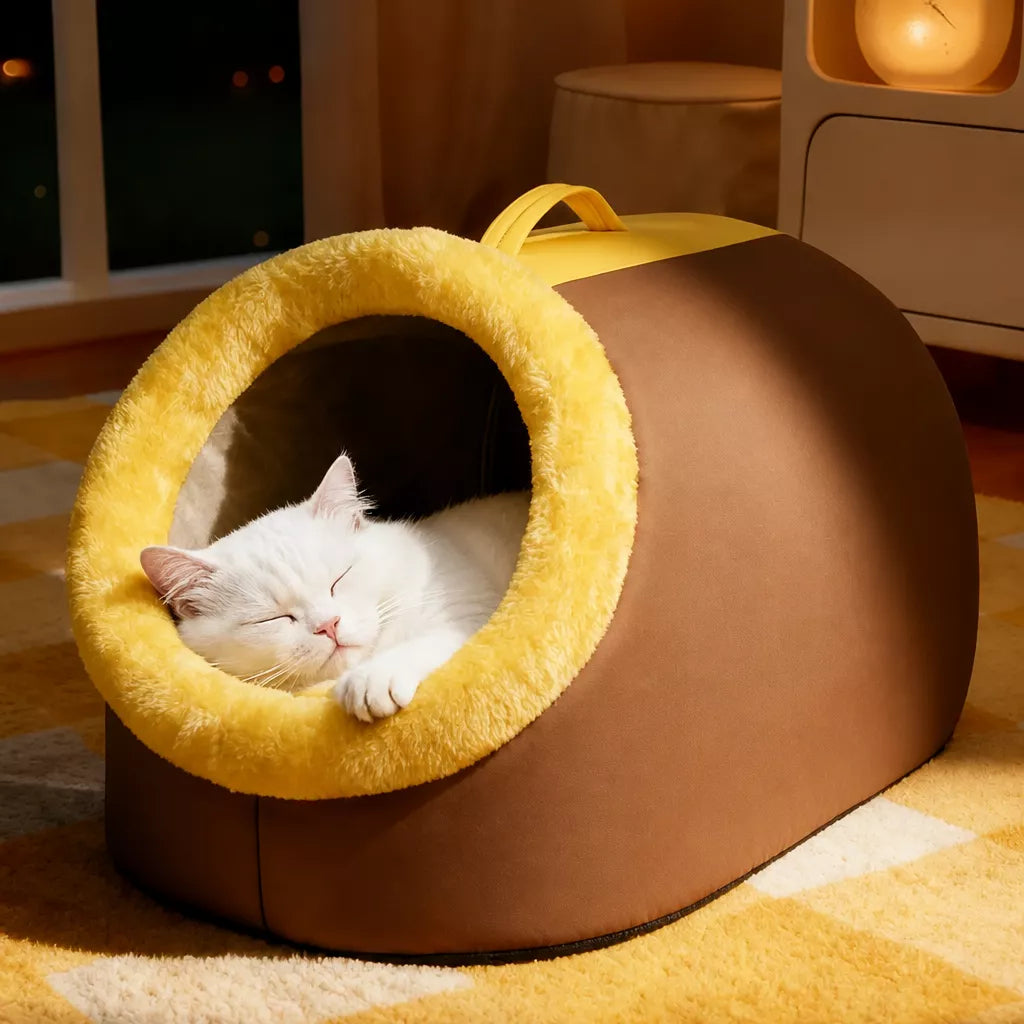 Enclosed Plush Pet Bed for Cats and Small Dogs