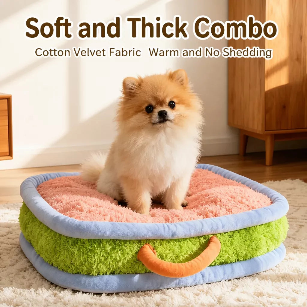 Color-Block Washable Plush Square Pet Bed for Dogs and Cats