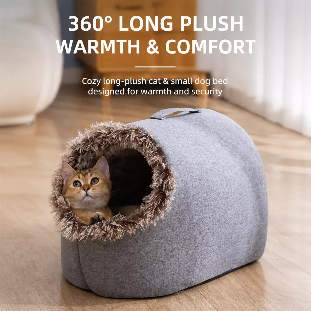 Enclosed Plush Pet Bed with Carry Handle for Cats and Small Dogs