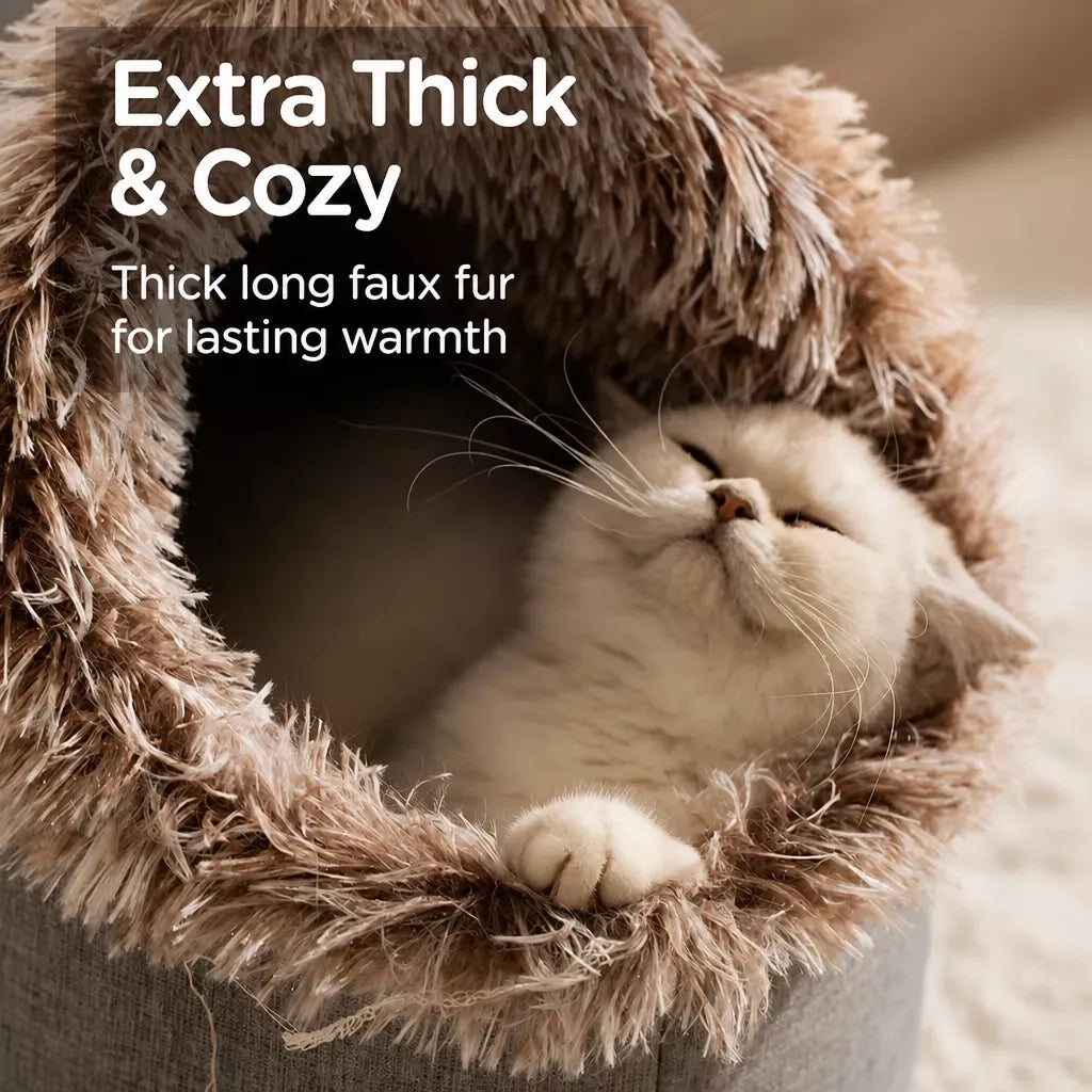 Enclosed Plush Pet Bed with Carry Handle for Cats and Small Dogs
