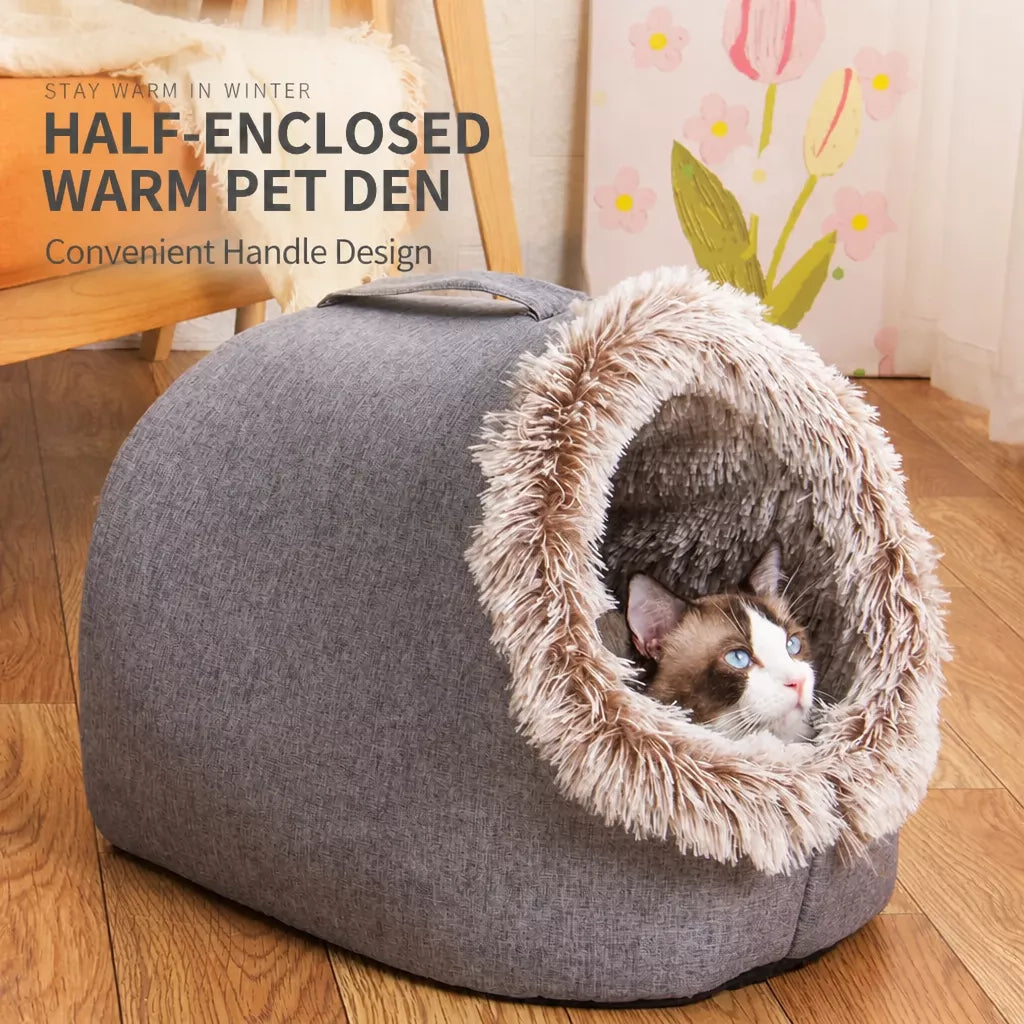 Enclosed Plush Pet Bed with Carry Handle for Cats and Small Dogs
