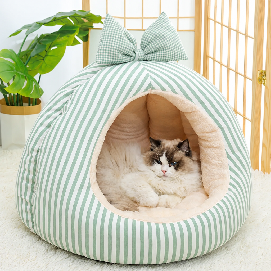 Striped Bow Dome Cat Cave Bed with Plush Cushion