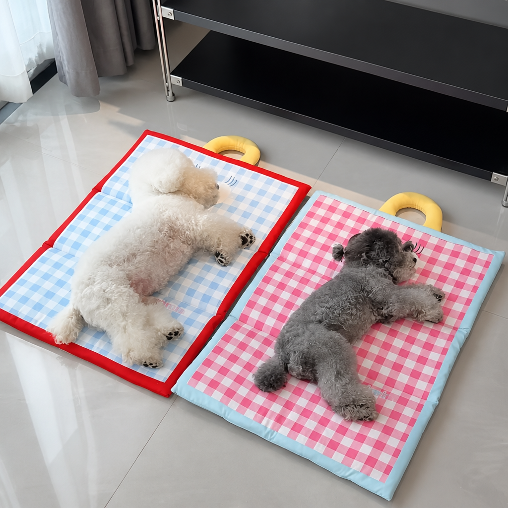 Blue and pink foldable cooling dog mats with small dogs resting indoors Main image