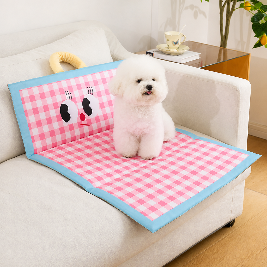 Red striped foldable dog mat with a small white dog