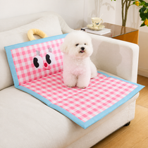 Red striped foldable dog mat with a small white dog