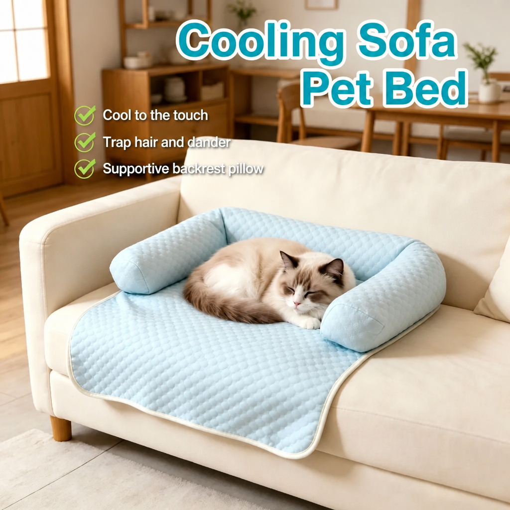 Cooling cat sofa bed with supportive blue bolsters on a cream sofa