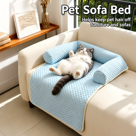 Blue cooling cat bed covering a cream armchair