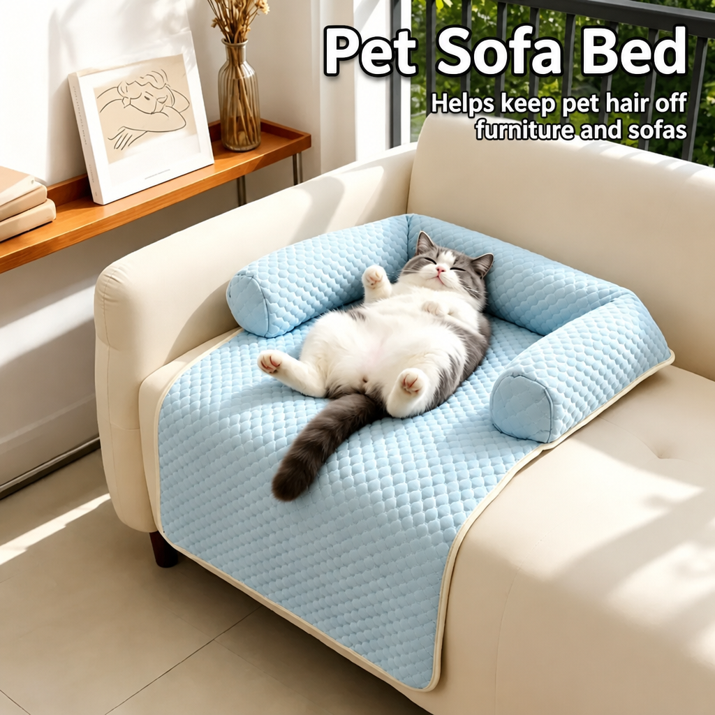 Blue cooling cat bed covering a cream armchair