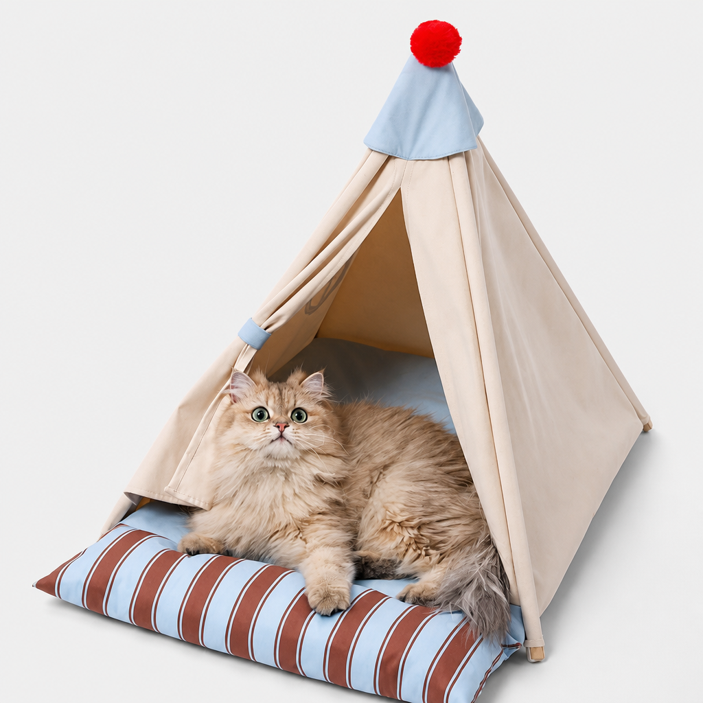 Long-haired cat inside a cotton-blend tent bed