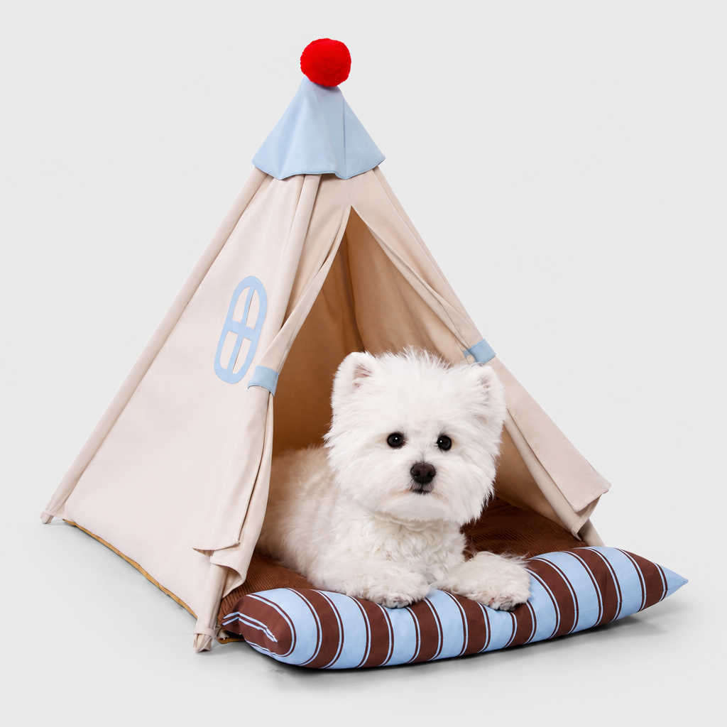 Cat relaxing on the detachable striped tent cushion