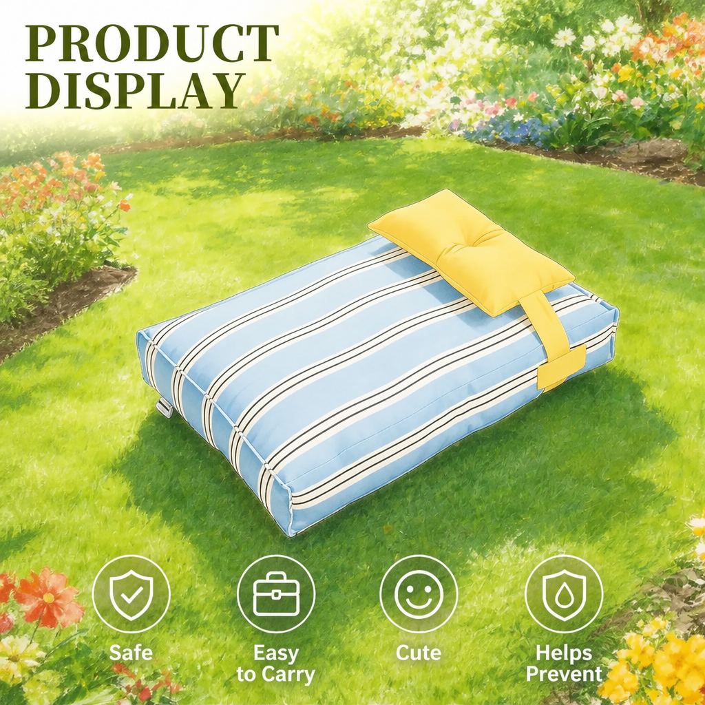 Portable striped dog bed with easy-carry pillow strap