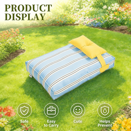 Portable striped dog bed with easy-carry pillow strap
