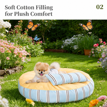 Round striped dog bed with a soft removable support pillow