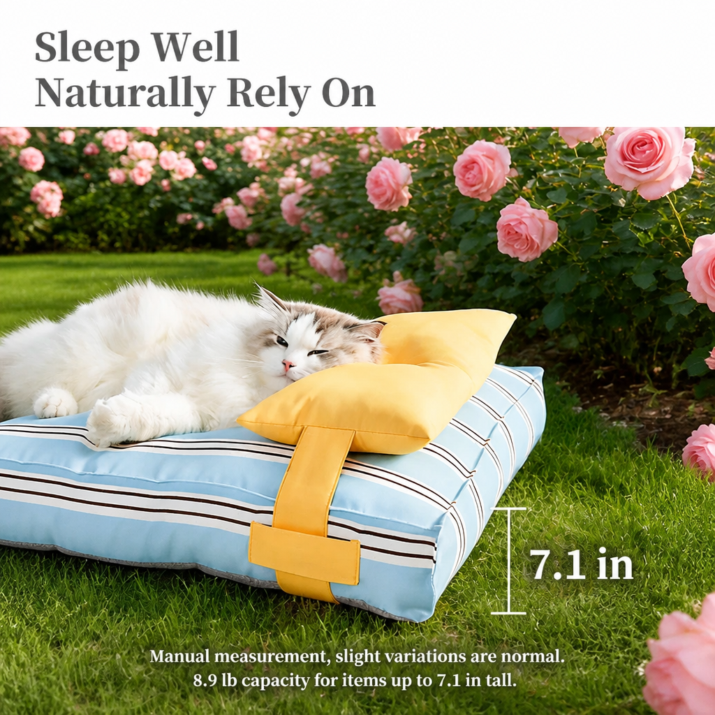 Cat resting on the removable pillow of a striped pet bed