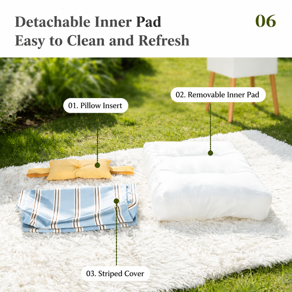 Removable inner pad, pillow insert, and striped zippered cover