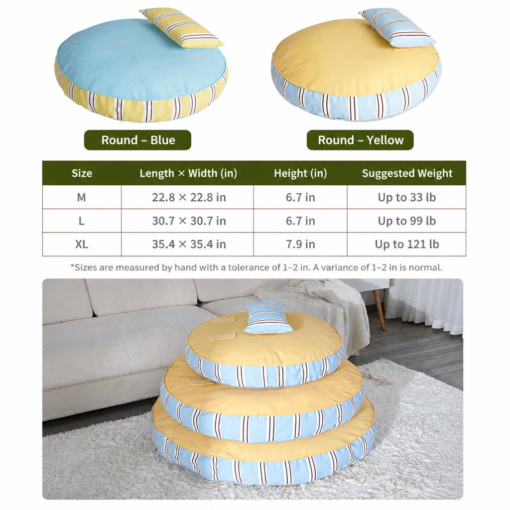 Round striped dog bed dimensions and size guide