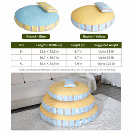 Round striped dog bed dimensions and size guide