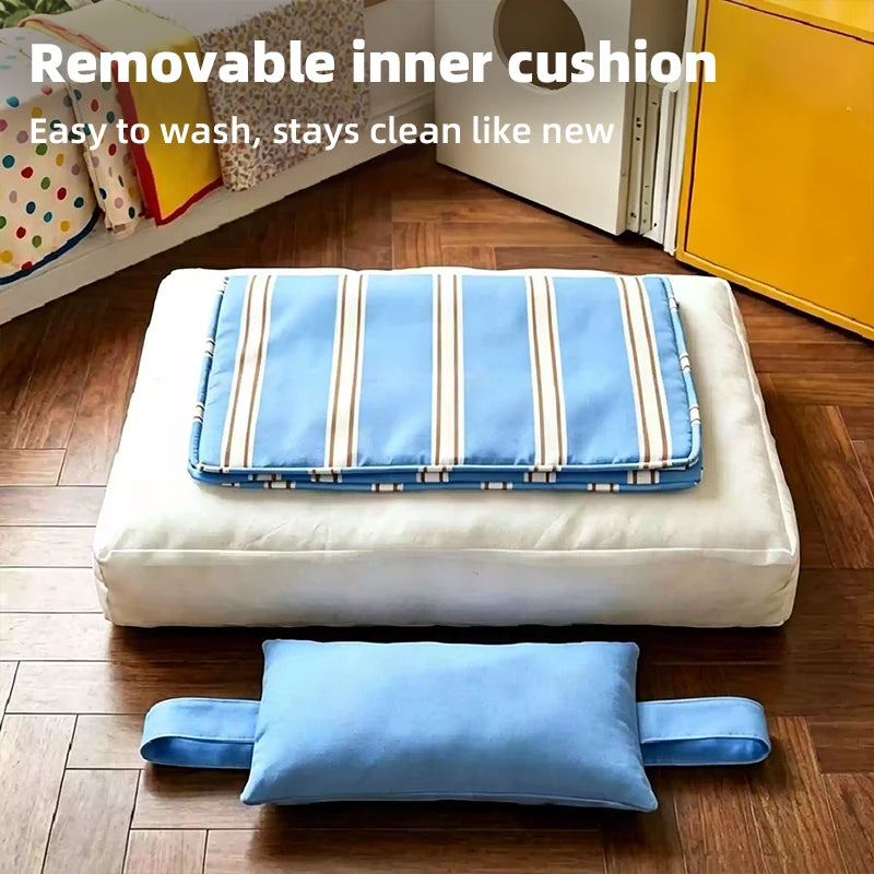 Striped Washable Pet Bed Mat with Removable Pillow