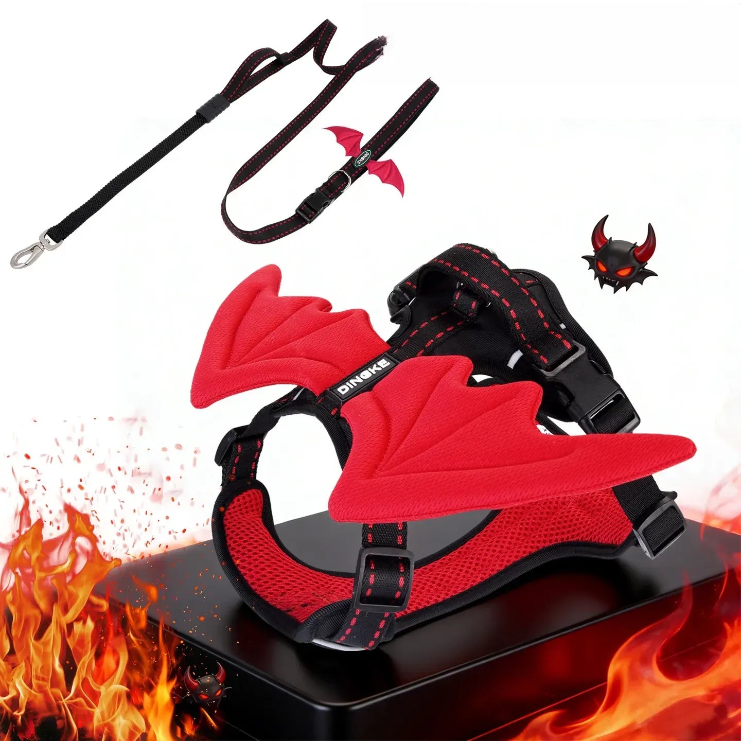 Breathable Demon & Angel Wing Dog Harness with Optional Leash in Harness + Multifunction Leash – Black
