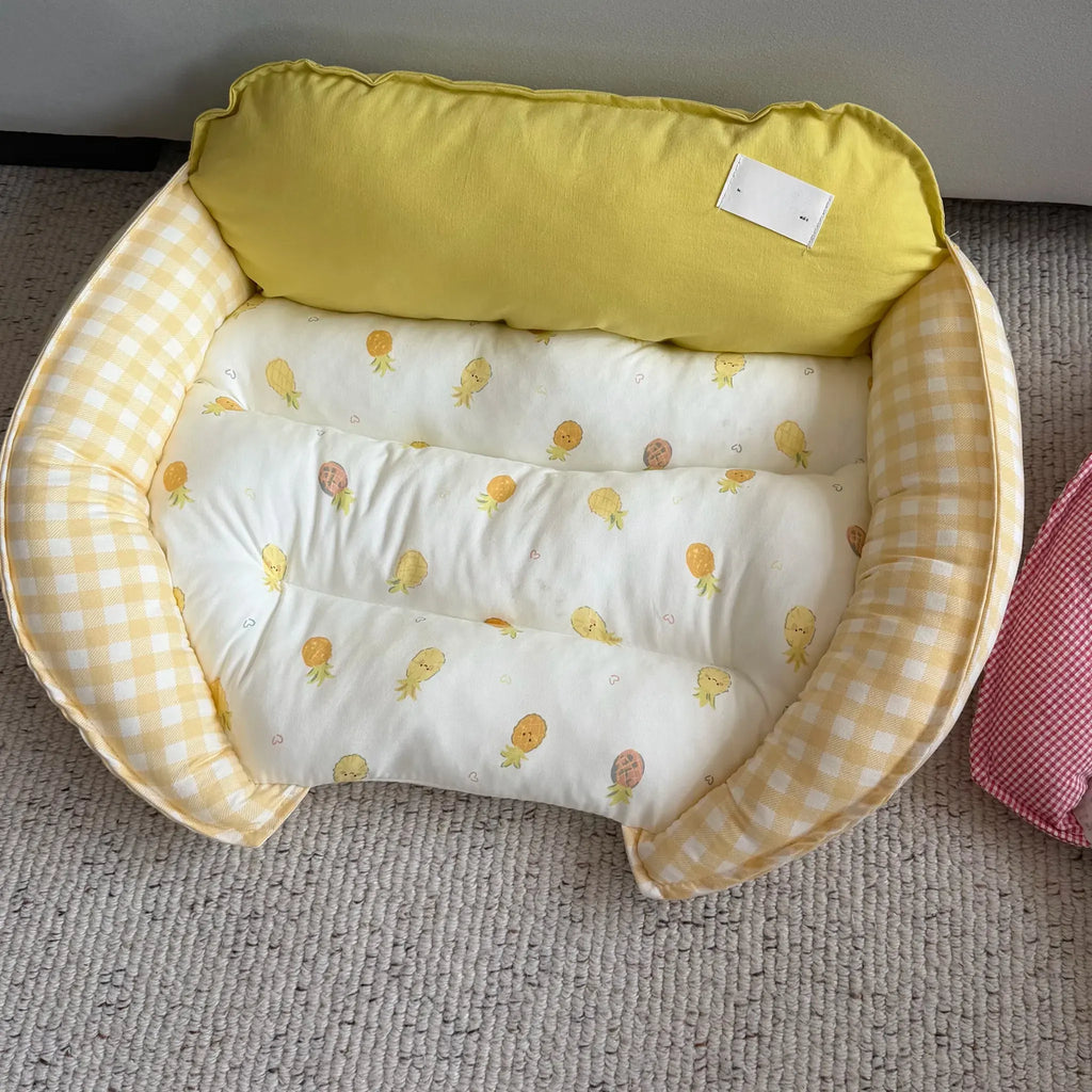 Curved Sofa Pet Bed with Padded Headrest and Bolsters in Light Yellow