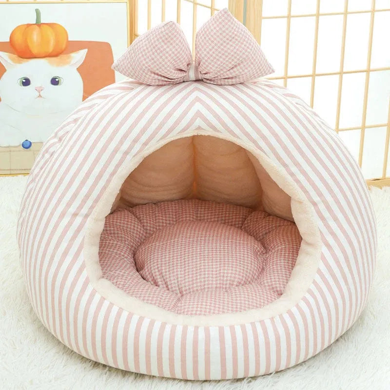 Striped Bow Dome Cat Cave Bed with Plush Cushion in Pink