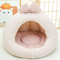 Striped Bow Dome Cat Cave Bed with Plush Cushion in Pink