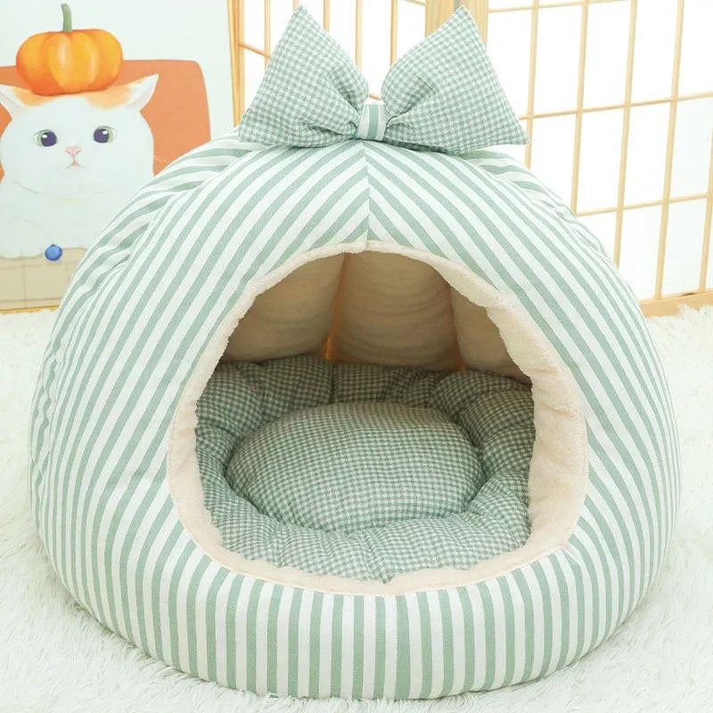Striped Bow Dome Cat Cave Bed with Plush Cushion in Green
